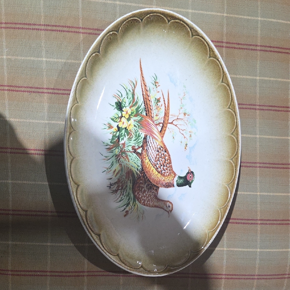 VINTAGE Oval Pheasant Serving Platter in Cream and Brown Gradient